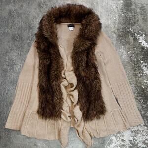 Cream Brown Fur Trim Cardigan. Venus Size Medium